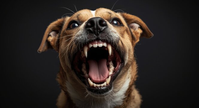 Aggressive Dog Barking with Open Mouth on Dark Background