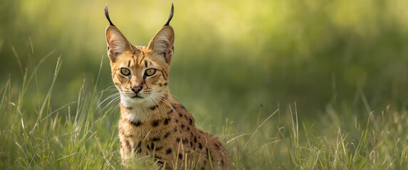 Serval Cat Sitting in Grassy Field with Soft Natural Lighting