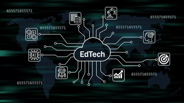 edtech icons for software services on cloud system. Strategic business success. Business concept. Internet and networking technology. 4k animation video 