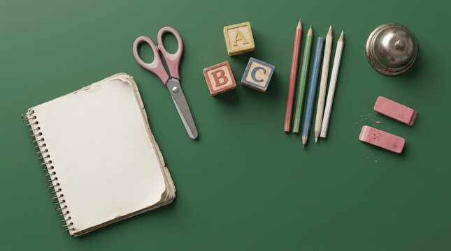 School Supplies Arranged on a Green Surface.