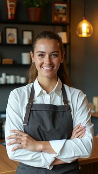 Proud cafe owner standing confidently behind the counter, ready to serve customers with a warm smile.