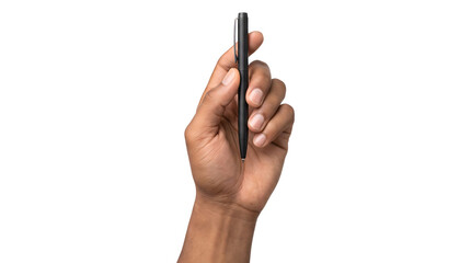Fingers holding a matte black ballpoint pen upright with a metal clip showcasing its minimalist design as a cutout PNG isolated on transparent background © Abdulmalek