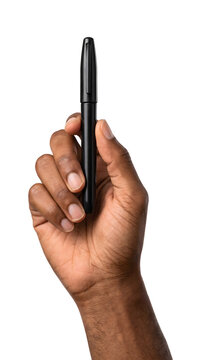 Fingers holding an elegant black capped pen upright showcasing its sleek glossy body as a cutout PNG isolated on transparent background