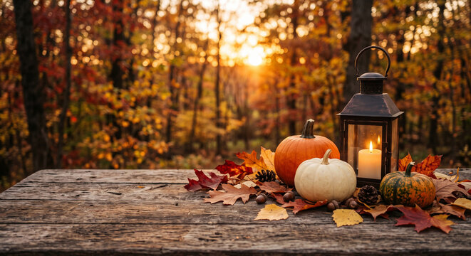 Rustic Wooden Table with Autumn Forest Background, Golden Fall Foliage and Natural Copy Space