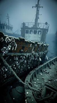 Deep sea shipwreck of an old rusty fishing vessel covered in barnacles on the dark ocean floor with eerie atmosphere and mysterious underwater wreckage in murky blue water