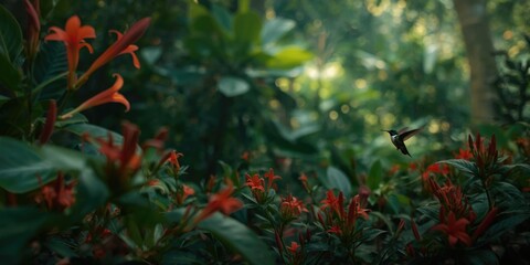 Naklejka premium Hummingbird Hovering Among Vibrant Orange Flowers in a Lush Green Garden