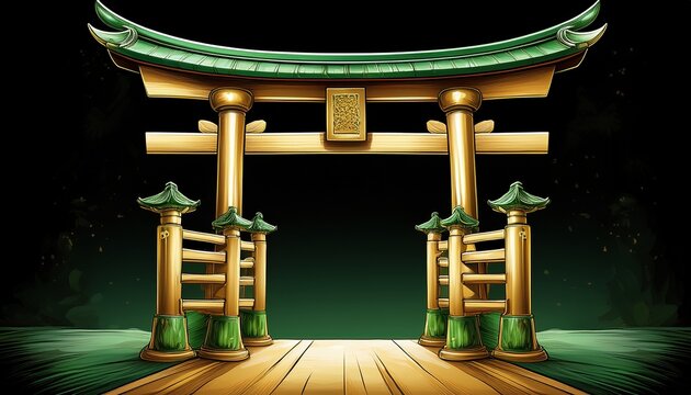 golden torii gate with green accents on black background transparent on backgrounbackground