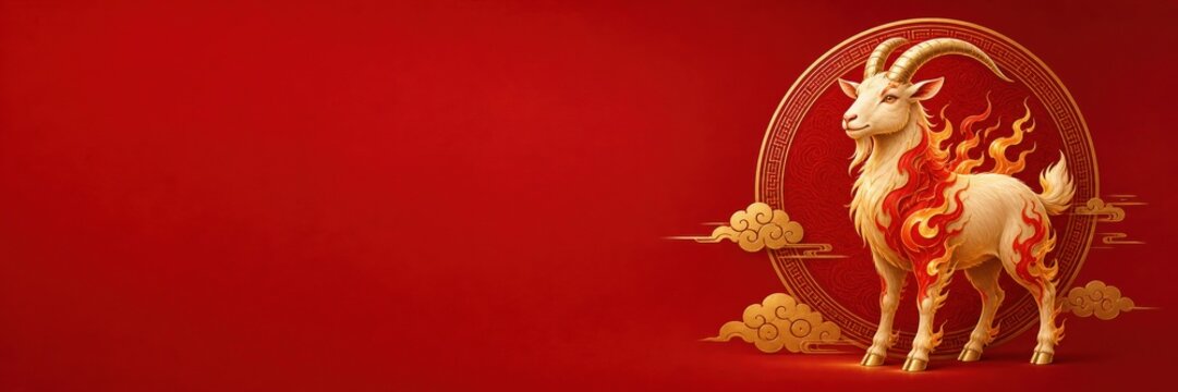 Fire goat standing before a golden circle for Chinese New Year 2027. Chinese zodiac symbol with stylized clouds on red background. Wide festive banner with copy space