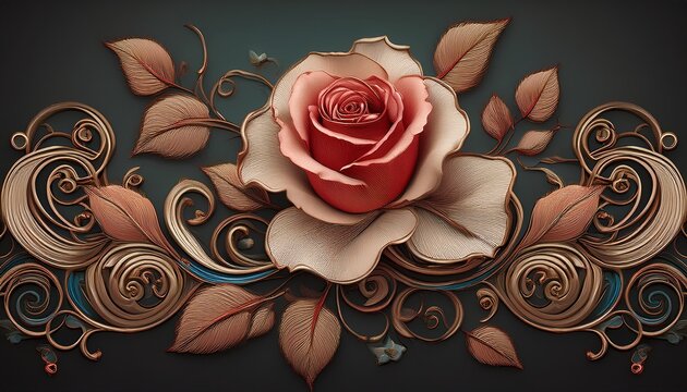 ornate rose flower embroidery frame with scroll lines isolated on backgrounbackground art