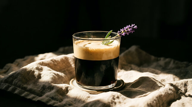 Refreshing cold brew coffee served in a glass tumbler adorned with a sprig of fresh purple lavender on linen lavender beverage refreshing caffeine culinary