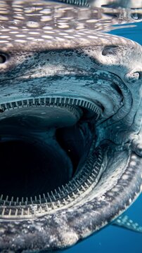Extreme close up of a massive blue whale mouth opening underwater in the deep blue ocean, showing its unique baleen plates and massive jaw structure in the natural marine habitat