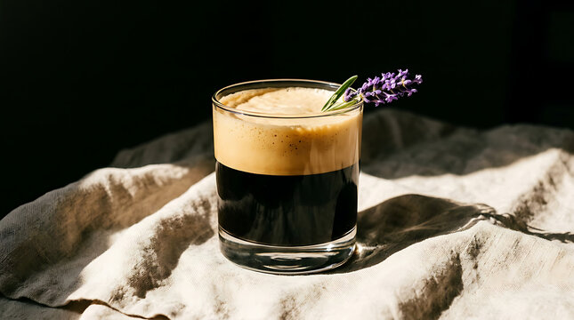 A delicious cold brew coffee garnished with a fresh purple lavender sprig in a glass tumbler on a textured linen cloth lavender beverage refreshment