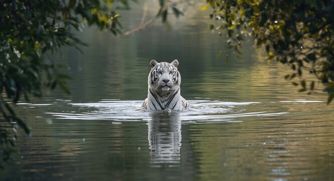 White Tiger Swimming in Calm Water Surrounded by Lush Greenery