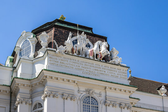 Baroque rooftop sculptures at Austrian National Library, Vienna, Austria