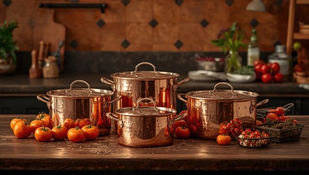 Copper Cookware Pots with Fresh Tomatoes on a Rustic Kitchen Table
