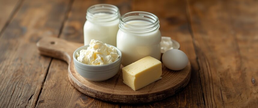 Dairy Ingredients including Milk Eggs and Butter on a Wooden Board