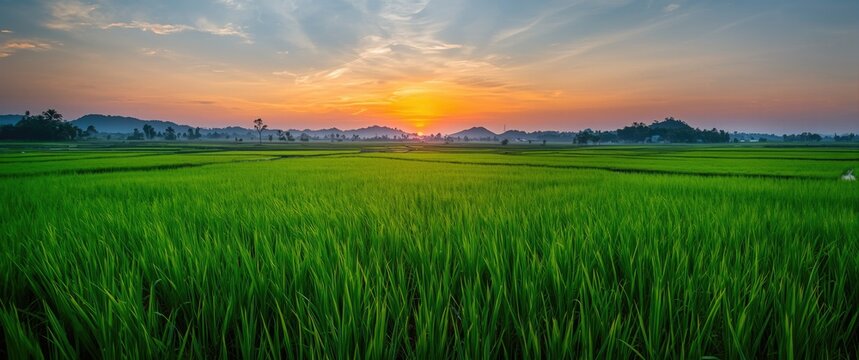 Sunrise over Lush Green Rice Fields with Rolling Hills and Dramatic Sky