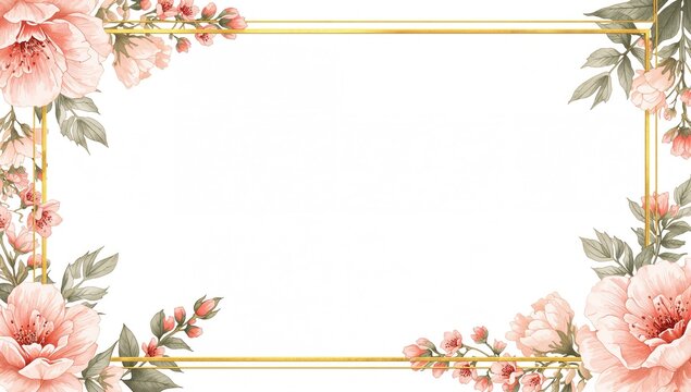 Flower Frame with Pink Peonies and Gold Borders on White Background