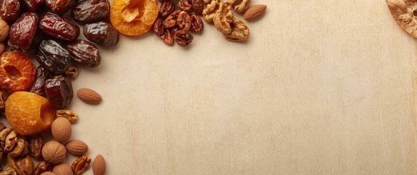 Mixed Dried Fruits and Nuts Arranged on a Wooden Surface with Negative Space