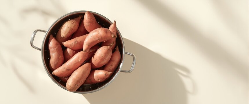 Fresh Sweet Potatoes in a Metal Colander on a Light Background
