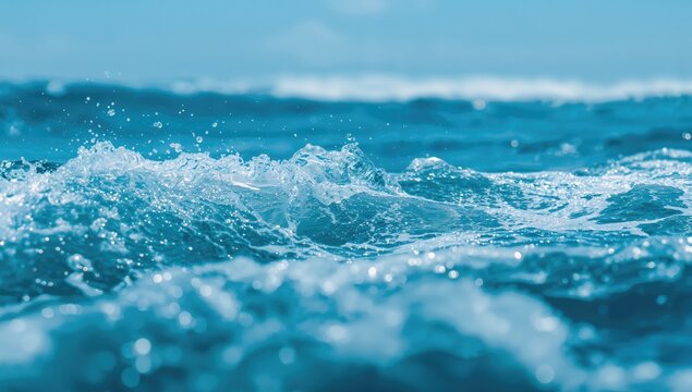 Ocean Waves Splashing in Bright Blue Water Under Clear Sky