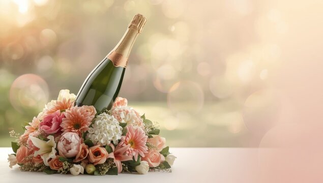 Champagne Bottle Surrounded by Flowers in Soft Focus Background