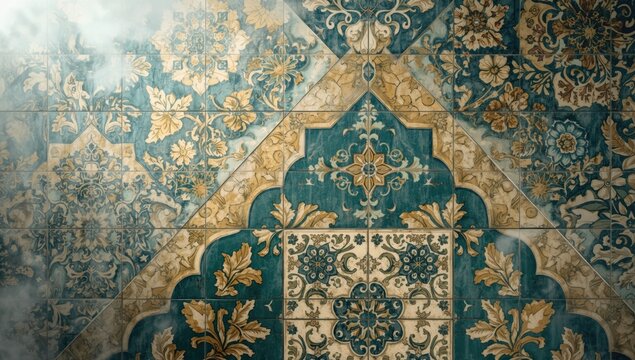 Decorative Vintage Tile Pattern with Floral Motifs in Blue and Gold