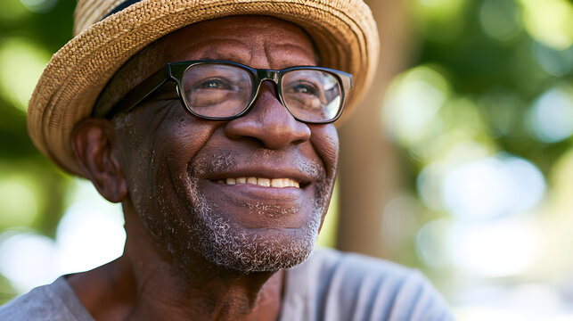 An elderly gentleman wearing glasses and a straw hat revels in outdoor activities. Ideal for highlighting contentment in his golden years.