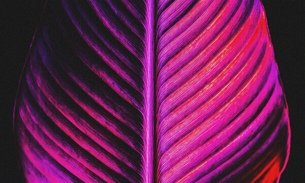 Close-up macro of vibrant pink and purple leaf veins illuminated with neon studio lighting against a dark backdrop