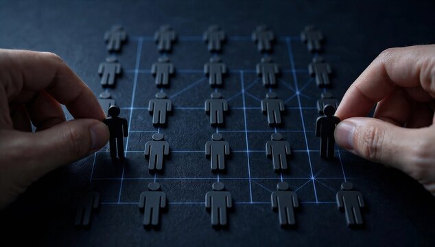 Hands arrange human figure icons on a grid, showing employee planning, workforce allocation and staffing strategy.
