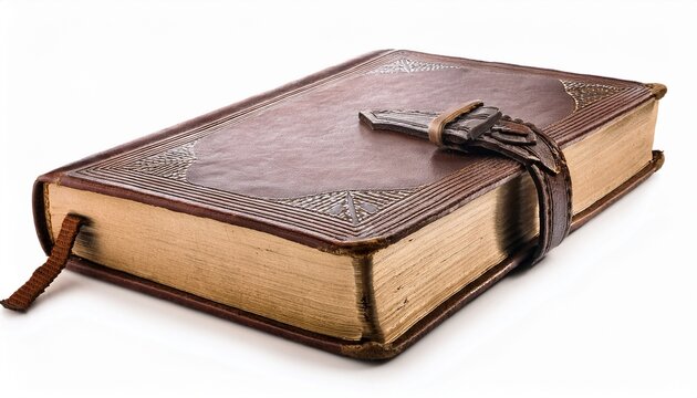 aged embossed leather bound book with buckle strap on white