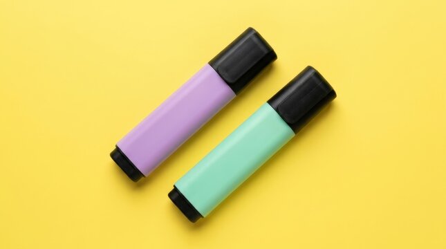 Two pastel colored highlighters on a bright yellow background.