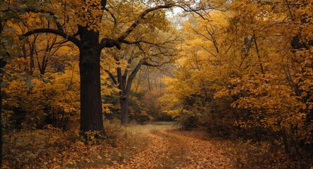 Fototapeta premium Autumn Forest Pathway with Orange Leaves and Trees in Soft Light
