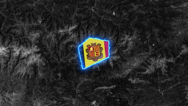 Andorra Map Highlight with Glowing Blue Border and Flag Pin on Grayscale World Map