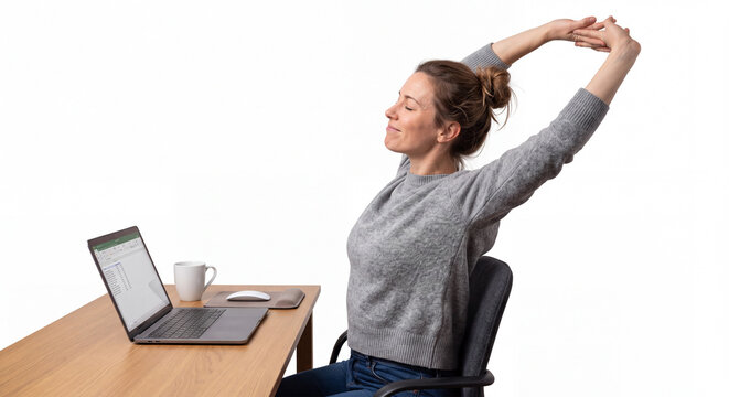 Woman Stretching Arms at Desk Taking a Break from Computer Work to Relieve Digital Fatigue