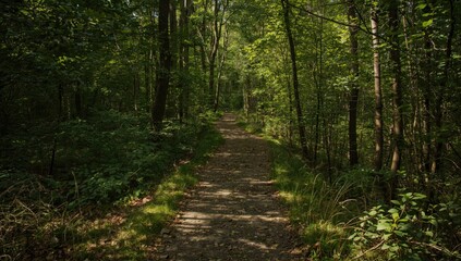 Fototapeta premium Serene Forest Pathway Surrounded by Lush Green Trees in Daylight