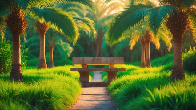 Serene Park Pathway with a Stone Bench Surrounded by Lush Palm Trees at Sunset