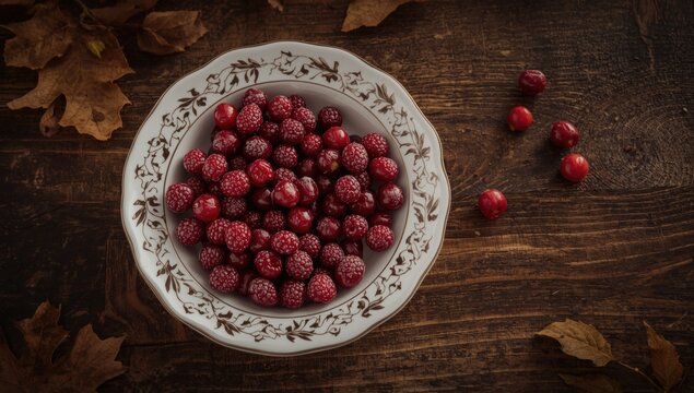 Assorted Red Berries in Decorative Bowl on Rustic Wooden Table