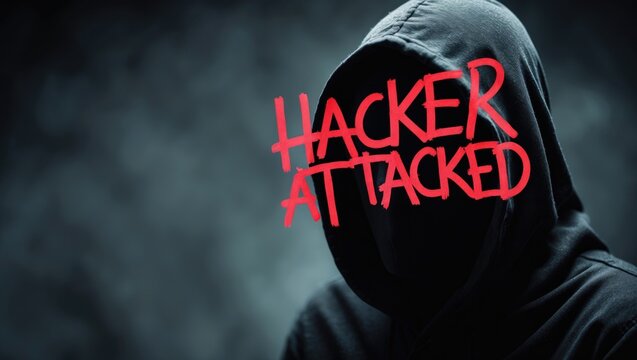 Hooded Figure with Red Graffiti Text in Dark Atmosphere
