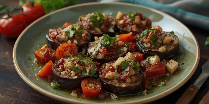 Stuffed Eggplant Slices Garnished with Fresh Herbs and Cherry Tomatoes on a Plate