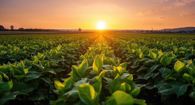 Sunset Over Green Tobacco Field with Vibrant Sky and Warm Light
