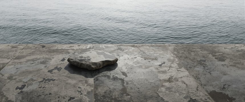 Stone on a Wet Concrete Surface Overlooking Calm Water