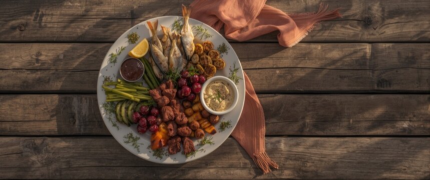 Gourmet Seafood Platter with Fresh Vegetables and Dipping Sauces on Wooden Table