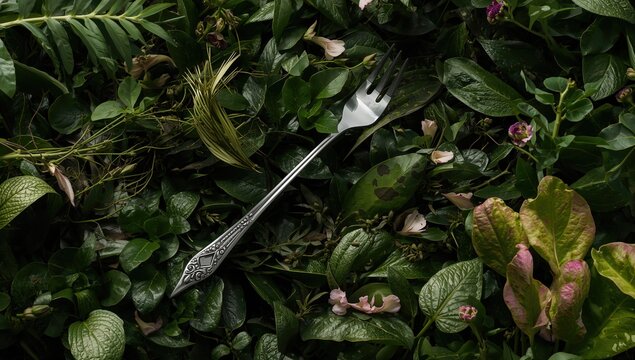 Vintage Fork Nestled Among Fresh Green Leaves with Flowers