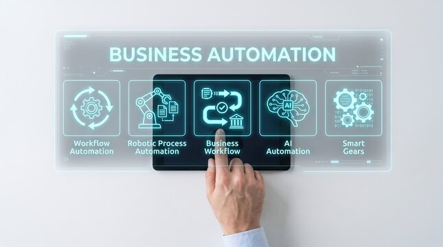 A business person using a tablet to interact with a futuristic digital holographic image of business automation processes