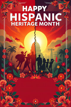 National Hispanic Heritage Month Celebration Design with Cultural Flags and Floral Typography