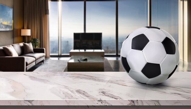 soccer ball on marble table modern living room with city view game on tv