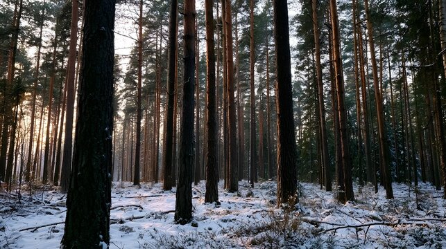 A serene winter forest scene featuring tall pine trees standing amidst snow covered ground under soft golden light