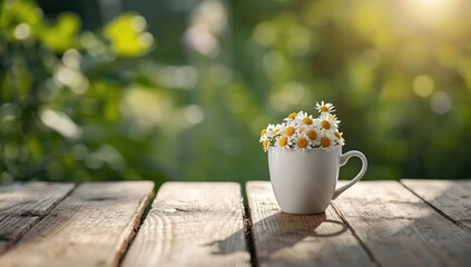 White Cup with Daisies on Wooden Table in Natural Light Background © CreativeBro