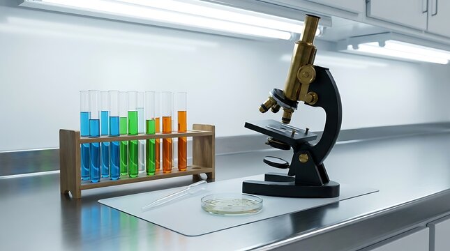 Modern microscope with colorful test tubes in laboratory setting. Scientific research equipment for biology, chemistry, and medical analysis.